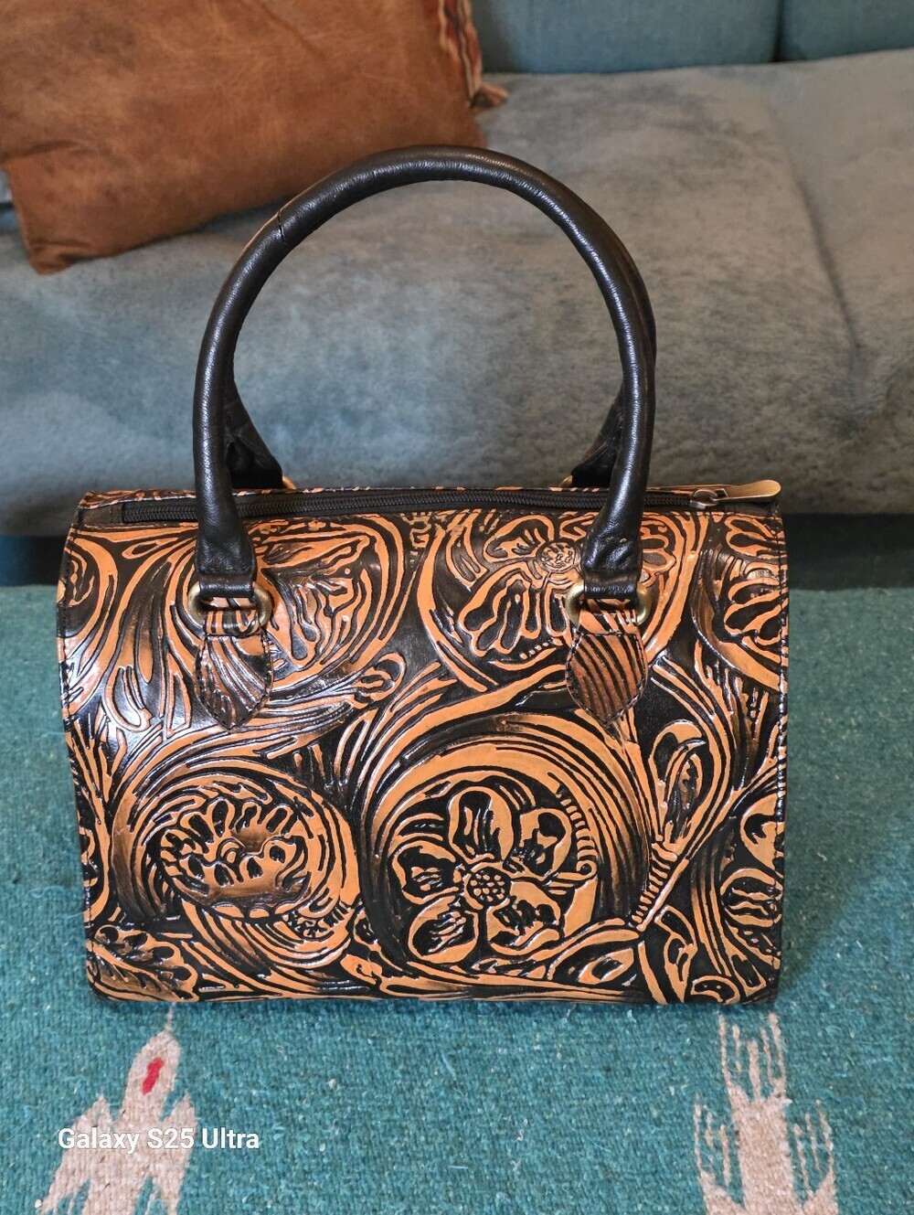 Floral Artisan Leather Speedy Satchel Burnt Copper & Black Western Crossbody - Picture 14 of 17